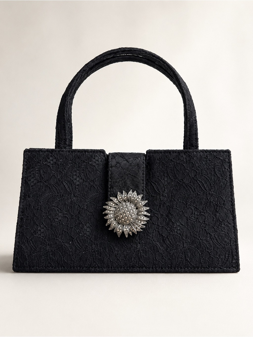 Vintage Judith Jack Black Lace Evening Bag Marcasite Sunflower Clasp , Italy
